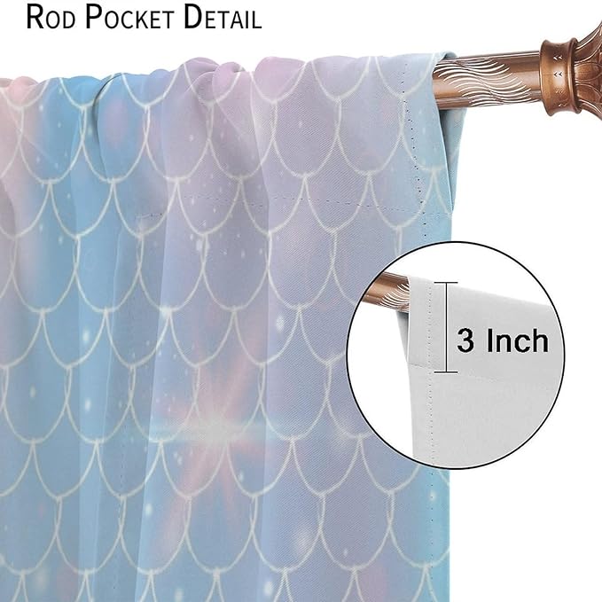 Mermaid Curtains, Kids Cartoon Watercolor Sea Animals Mermaid Princess Scales Pattern Print Living Room Decoration for Kids Girls Bedroom Nursery 63x72 Inch