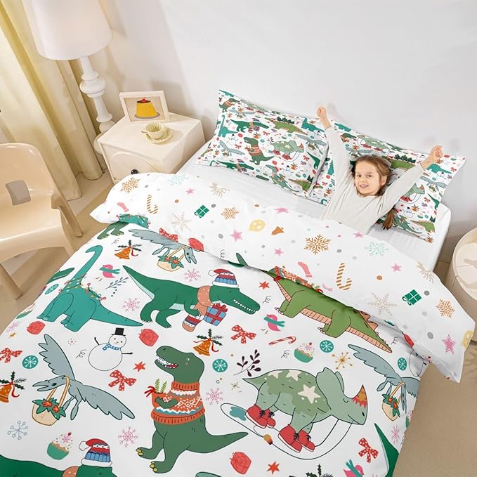 Feelyou Christmas Dinosaur Decorative Comforter Cover King Size Cartoon Snowman Duvet Cover Xmas Bow Snowflake Bedding Set Gifts for Kids Boys Girls 2 Pillow Cases