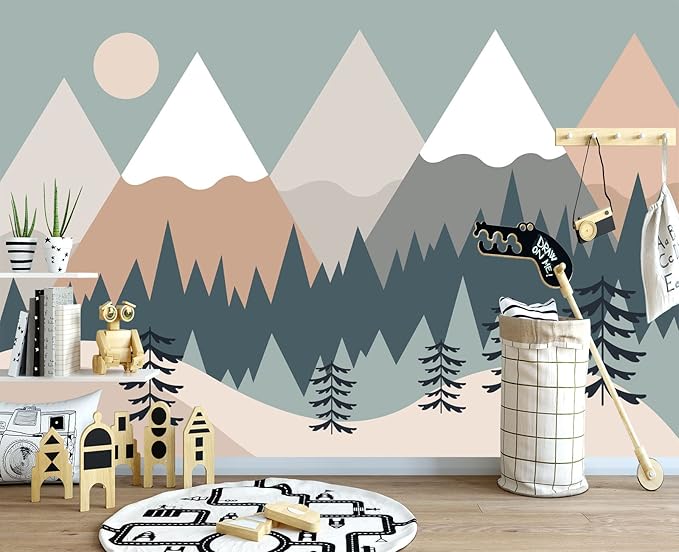 Children's Cartoon Mountain Peak Forest Sun Nursery Wall Mural Wallpaper 178" x 117"