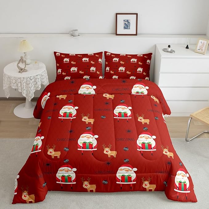 Feelyou Santa Claus Comforter Set Christmas Deer Decorations Bedding Set for Kids Boys Girls Winter Snowflake Comforter Merry Christmas Khaki Red Quilt Collection 3Pcs Queen Size