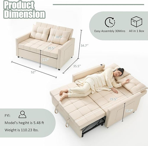 52" Sleeper Sofa with Pull-Out Bed, 3-in-1 Convertible Sofa Bed, Loveseat with Stepless Adjustable Backrest and Side Pocket, for Living Room Dorm Apartment, Linen, Beige