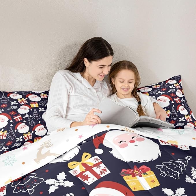 jejeloiu Santa Claus Comforter Set Twin Size Merry Christmas Bedding Set for Kids Boys Girls Xmas Themed Duvet Quilt Dark Blue Bedroom Decor