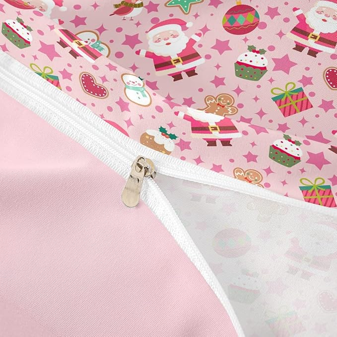 Feelyou Pink Christmas Duvet Cover King Size Cartoon Santa Claus Gingerbread Man Bedding Set for Boys Girls Snowman Xmas Decor Comforter Cover Reversible Pink Bedroom Decor 3Pcs