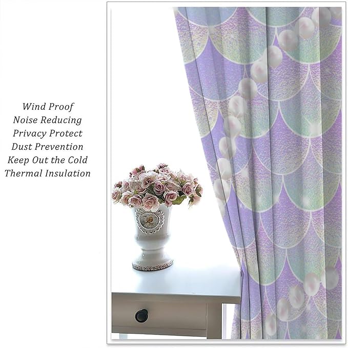 Mermaid Curtains, Gradient Color Pink Purple Pearl Ocean Theme Mermaid Fish Scale Print Decoration Suitable for Children Girls Bedroom Nursery Curtains 63x63 Inch