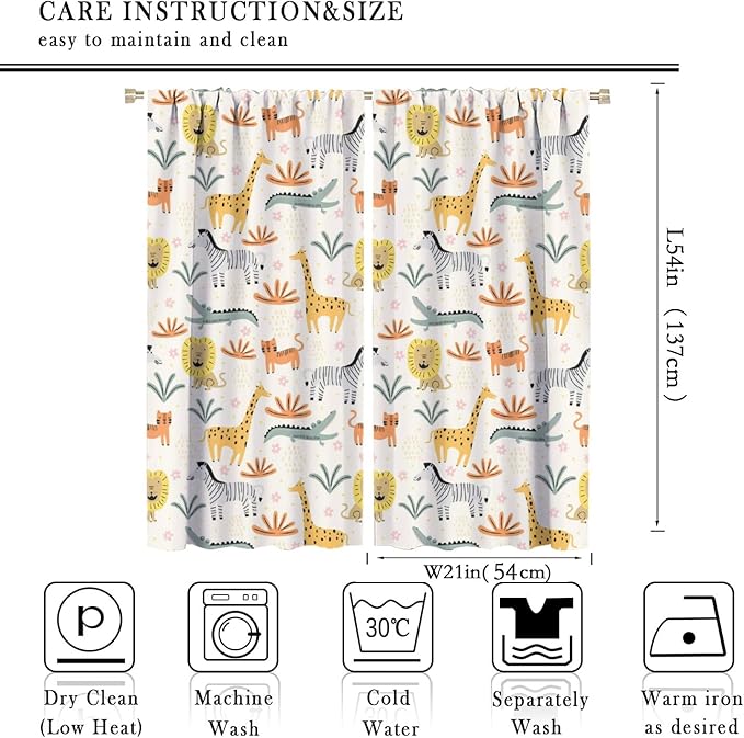 Wild Animals Curtains, Cute Cartoon Animals Zoo with Lion Zebra Crocodile Cat and Giraffe Tropical Jungle Plant Print Window Treatments for Kids Boys Girls Bedroom Living Room 42x54 Inch