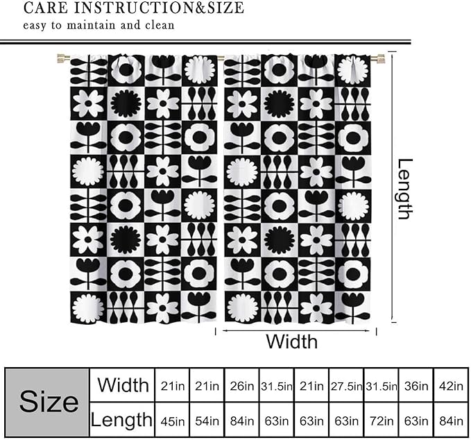 Mid Century Geometric Floral Curtains,Vintage 70s Window Treatments for Boys Girls Kids Bedroom Curtains,Boho Black and White Floral Curtains 72"" W X 63"" L, Style-10