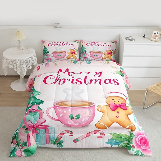Feelyou Merry Christmas Bedding Set Soft for Boys Girls, Christmas Decor Comforter Set King Size Gingerbread Man Duvet Quilt Microfiber Xmas Bedroom Decor 3 Pcs with 2 Pillow Cases