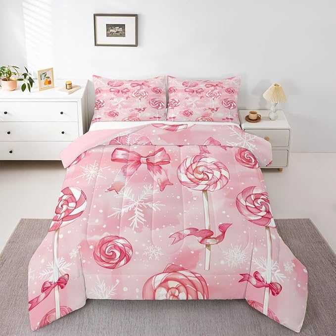 Feelyou Pink Bow Comforter Set Full Size Pink Lollipops Bedding Set for Kids Boys Girls Watercolor-Style Duvet Quilt Xmas Snowflake Bedroom Decor Christmas Microfiber 3 Pcs with 2 Pillow Cases