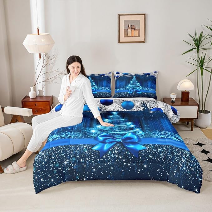 Merry Christmas Kids Comforter Set Full Size,Snowflake Christmas Tree Bowknot Bedding Set,Girls Boys Adults Xmas Decor,Blue Gradient Line Glitter Down Comforter,Romantic Duvet Insert,2 Pillowcases