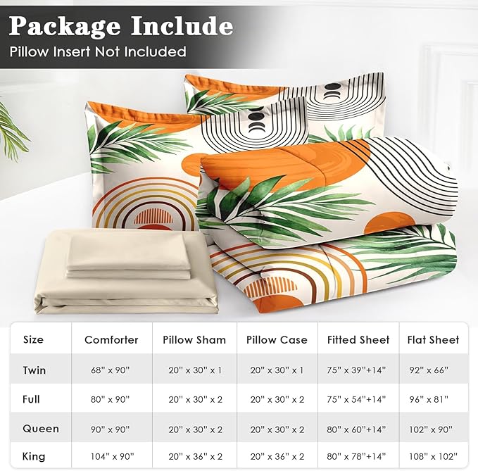 7 Pcs Queen Size Comforter Set with 2 Pillowcases & 2 Shams, Contemporary Mid Century Bedding for Kids and Adults, Rainbow Sun Boho Geometric Bed in a Bag with Flat Fitted Sheet