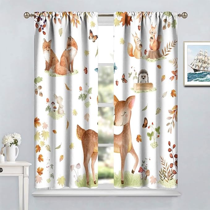 Fall Animails Curtains for Kids, Rustic Cute Woodland Wild Animal Window Treatments Watercolor Autumn Leaves Cartoon Fox Deer Window Drapes for Nursery Toddler Bedroom 72x63in