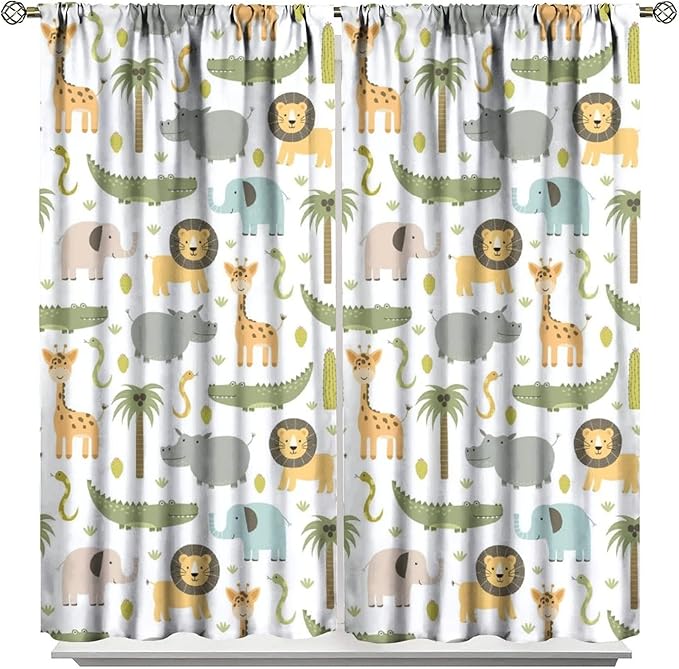 Nursery Safari Animals Window Curtains,Cartoon Woodland Jungle Forest Lion Elephant Giraffe Printed Pattern Blackout Drapes for Living Room Baby Boy Kids Bedroom 84x84in