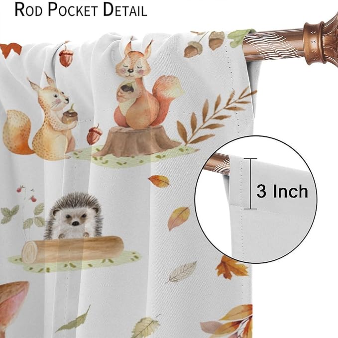 Fall Animails Curtains for Kids, Rustic Cute Woodland Wild Animal Window Treatments Watercolor Autumn Leaves Cartoon Fox Deer Window Drapes for Nursery Toddler Bedroom 84x84in