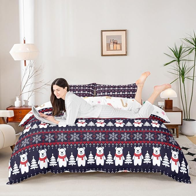 Christmas Bedding Set for Kids Boys Girls Polar Bear Christmas Tree Comforter Cover Set Exotic Ethnic Xmas Theme Duvet Cover Bedroom Decor Snowflake Bedspread Cover Twin Size Bedding Collection 2Pcs
