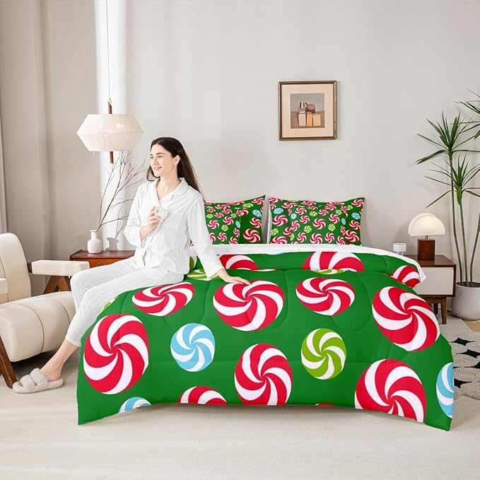 Feelyou Christmas Candy Comforter Set Queen Size 7 Pieces Cute Swirl Candy Bedding Set for Kids Boys Girls Red and Green Blue Sweet Bed in a Bag Reversible Xmas Decor Bedroom Quilted Breathable Soft