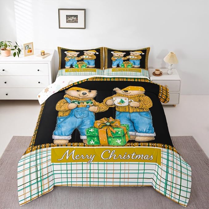 Feelyou Merry Christmas Comforter Set All Season Cute Bear Bedding Set with 2 Pillow Cases Microfiber Kids King Bedclothes Winter Bedroom Decor Duvet Quilt Breathable Soft