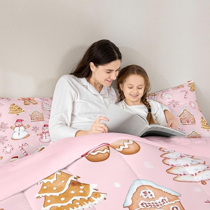 Feelyou Pink Christmas Kids Comforter Set Queen Size Snowman Bedding Set Gingerbread Man Duvet Quilt for Kids Boys Girls Bedroom Snowflake Candy Cane Decor Microfiber Ultra Soft Breathable
