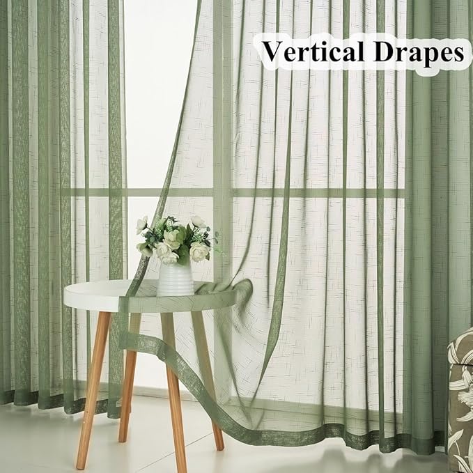 Sage Green Pinch Pleated Sheer Curtains 96 Inches Long 2 Panels, 50 Inches Width, Rustic Linen Look Light Filtering Drapes Decor, Thin Textured Transparent Window Curtain Panels