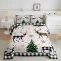 Kids Deer Silhouette Comforter Set Queen Size,Snowflake Pine Trees Bedding,Girls Boys Adults Bedroom/Xmas Cabin Decor,Geometric Grids Plaid Down Comforter,Rustic Farmhouse Duvet Insert,2 Pillowcases