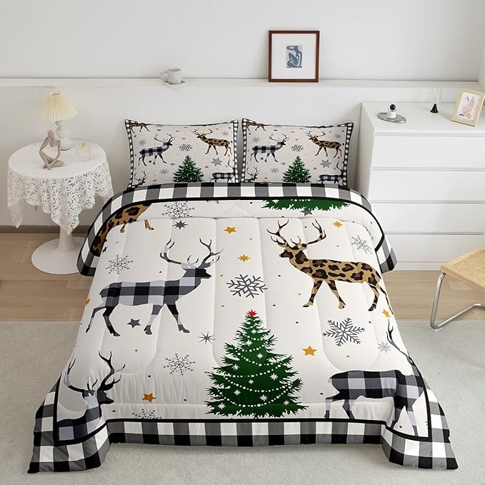 Kids Deer Silhouette Comforter Set Full Size,Snowflake Pine Trees Bedding,Girls Boys Adults Bedroom/Xmas Cabin Decor,Geometric Grids Plaid Down Comforter,Rustic Farmhouse Duvet Insert,2 Pillowcases