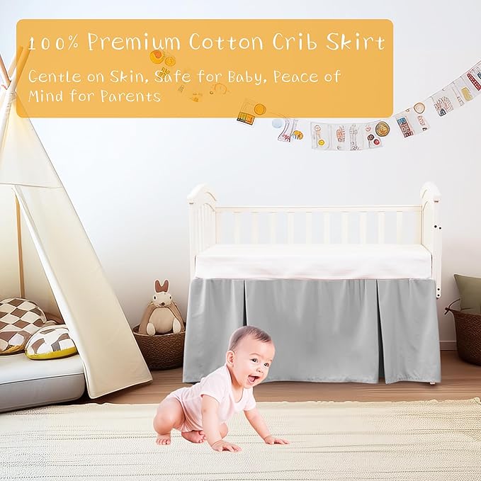 Crib Bed Skirt Dust Ruffle 100% Cotton - Natural, Soft, Breathable for Baby's Delicate Skin, Nursery Toddler Crib Bed Skirt for Baby Boys Girls, Fits Standard Cribs 28" x 52" with 14" Drop