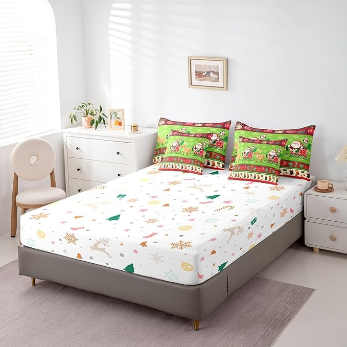 Feelyou Christmas Santa Claus Deer Bedding Set Cartoon Stockings Bedding Set for Kids Boys Girls Teens Decor Christmas Snowflake Bed in a Bag Kawaii Bed Set 7Pcs Queen Size