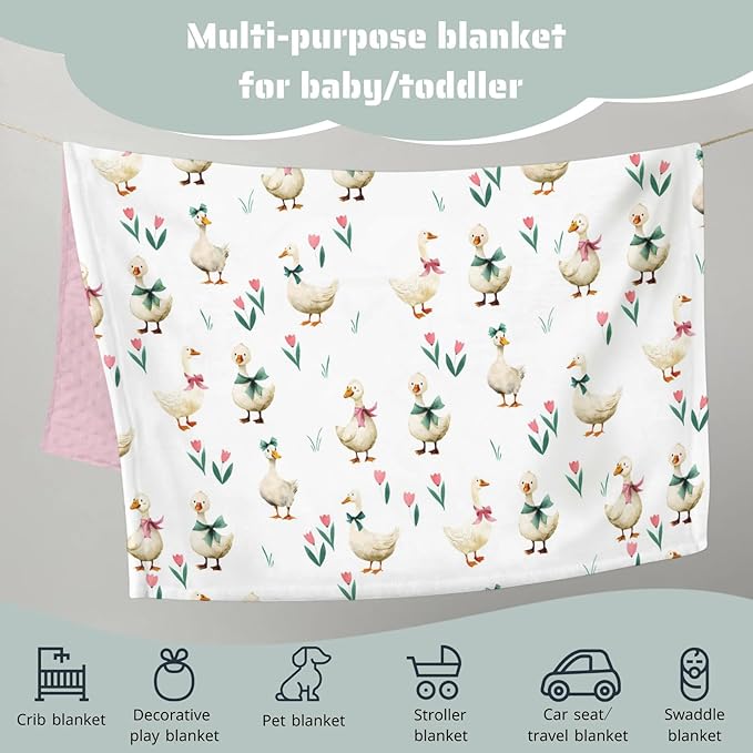 HawSkgFub Goose Pink Bow Ribbon Mink Baby Blankets with Dotted Backing Girls Shower Gift, Farm Animal Tulip Flower Double Layer Nursery Swaddle, Soft Newborn Infant Toddler Bed Crib Bedding 30 x 40