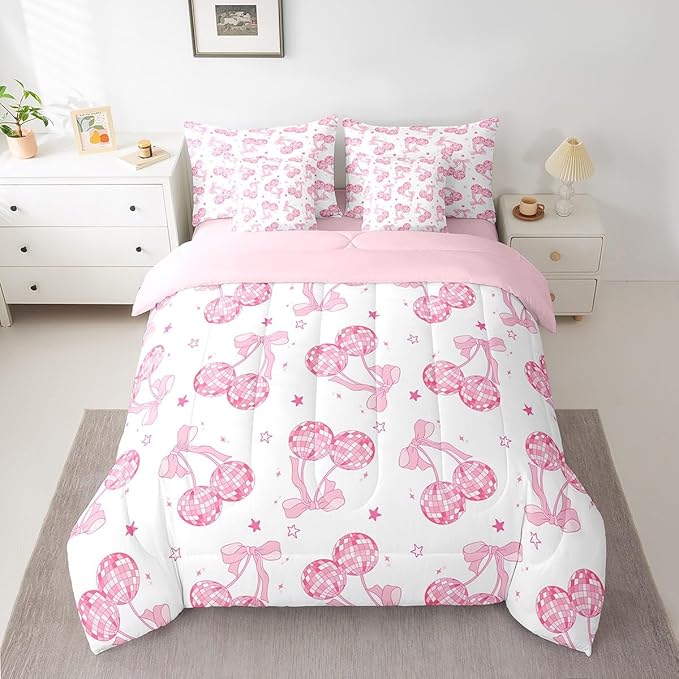 7 Pieces Pink Bowknot Princess Comforter Set King,Disco Crystal Ball Western Cowgirl Bedding Set,Stars Bow Tie Sweet Romantic Dreamy（Comforter+Fitted+Flat Sheet+2 Pillowcases+2 Throw Pillow Covers）