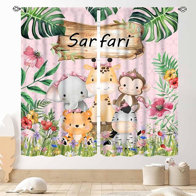 Kids Safari Animals Curtains, Cartoon Giraffe Elephant Monkey Woodland Jungle Tropical Leaf Pink Window Curtains for Boys Girls Baby Living Room Bedroom Nursery Classroom 2 Panels, 63"x63" Inch
