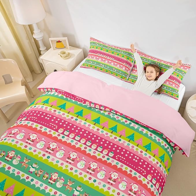 Christmas Bedding Set Cute Fox Santa Claus Polar Bear Comforter Cover for Kids Boys Girls Teens Christmas Tree Duvet Cover Breathable Pink Dots Stripe Bedspread Cover Room Decor Quilt Cover Queen Size