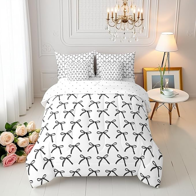 Manfei 7 Pieces Cartoon Bowknot Kids Comforter Twin Size,Bow Tie Geometric Patchwork Modern Girls Bedding Set,Bow Butterfly Knot Black White（Comforter+Fitted+Flat+2 Pillowcases+2 Throw Pillow Covers）