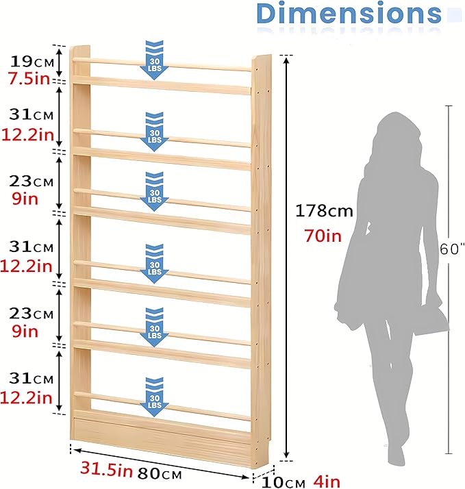 Behind The Door Bookshelf, 6-Tier Wooden Bookcases with Open Display Shelves, Behind The Door Storage Organizer for Toys and Books, Space-Saving Wall Mount Narrow Book Shelf
