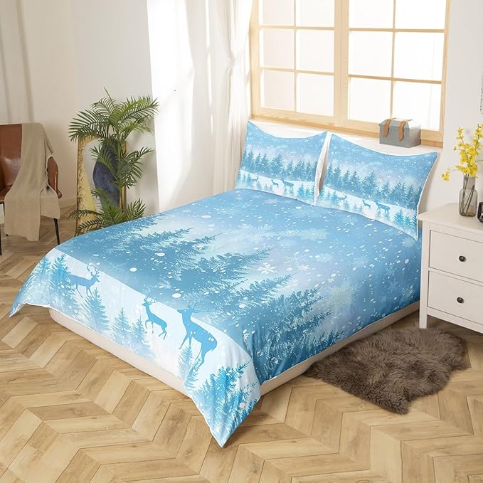 Manfei Blue Glitter Duvet Cover Set King Size, Xmas Trees Deers Snowflakes Print Comforter Cover with 2 Pillowcases, New Year Theme Bedding Set 3pcs for Kids Girls Teens Bedroom Decor,No Comforter