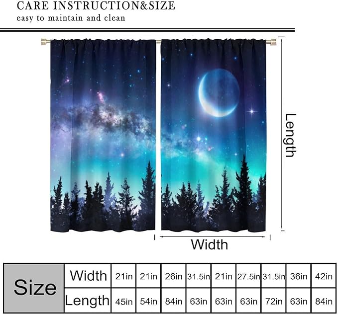 Galaxy Forest Blackout Curtains, Night Starry Sky Stars Moon Aurora Borealis Window Drapes for Bedroom Living Room Home 42" W X 54" L