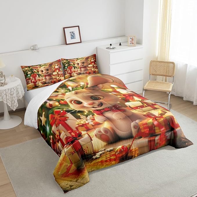 Cartoon Rabbit Comforter Set Twin Size,Merry Christmas Bedding Set for Kids Boys Girls Room Decor,Christmas Tree Star Snowflake Quilt Set 2Pcs,Cute Animal Xmas Fashion Duvet Insert,1 Pillowcase