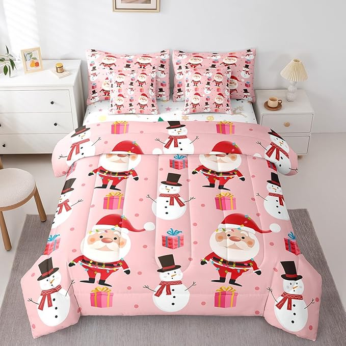 Christmas Bed in a Bag Merry Christmas Snowman Comforter Set with Sheets for Kids Boys Girls Decor Santa Claus Bed Set Kawaii Pink Bedding Set Bedroom Collection Full Size