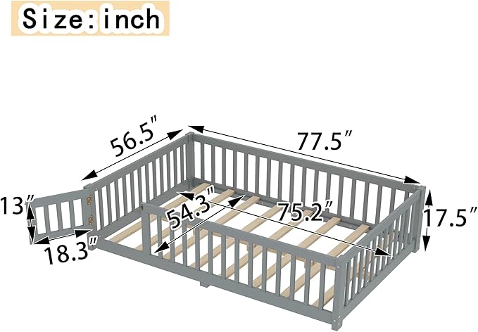 Bellemave Full Size Floor Bed Frame with Fence and Door for Kids, Montessori Floor Bed with Slats and Safety Guardrails,Solid Wood Full Bed Frame for Girls Boys,Grey