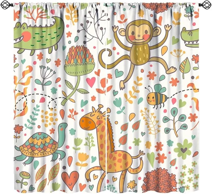 Cute Monkeys Curtains, Zoo Theme Cartoon Funny Animals Crocodile Giraffe Turtle with Flowers Print Thermal Insulation Window Drapes for Kids Boys Girls Baby Bedroom Living Room 42x63in