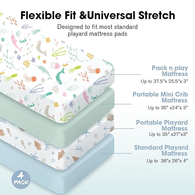 Little Grape Land Mini Crib Sheets for Boys Girls 4 Pack, Fitted Mini Crib Sheets 26x38x5 for Pack and Play/Playard Mattress, Ultra Soft Brushed Microfiber, All-Around Elastic, Ocean/Shell/Green/Blue