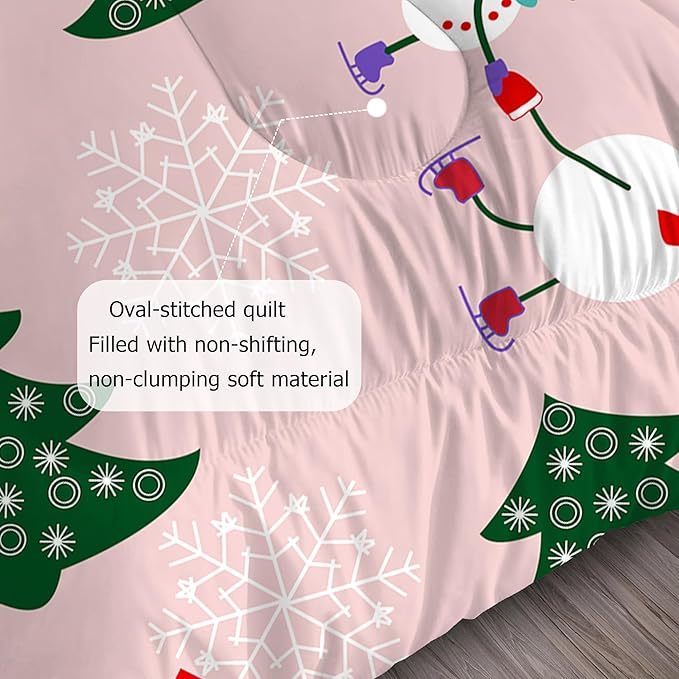 Pink Christmas Comforter Queen: Cartoon Xmas Snowman Bedding Sets Queen Size for Teen Girls Women Adults Christmas Tree Snowflakes Quilt Bed Set 1 Comforter & 2 Pillowcases
