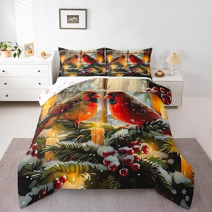 Feelyou Merry Christmas Kids Comforter Set Twin Size Cardinal Bedding Set Winter Bird Duvet Quilt for Kids Boys Girls Bedroom Red Berries Decor Microfiber Ultra Soft Breathable