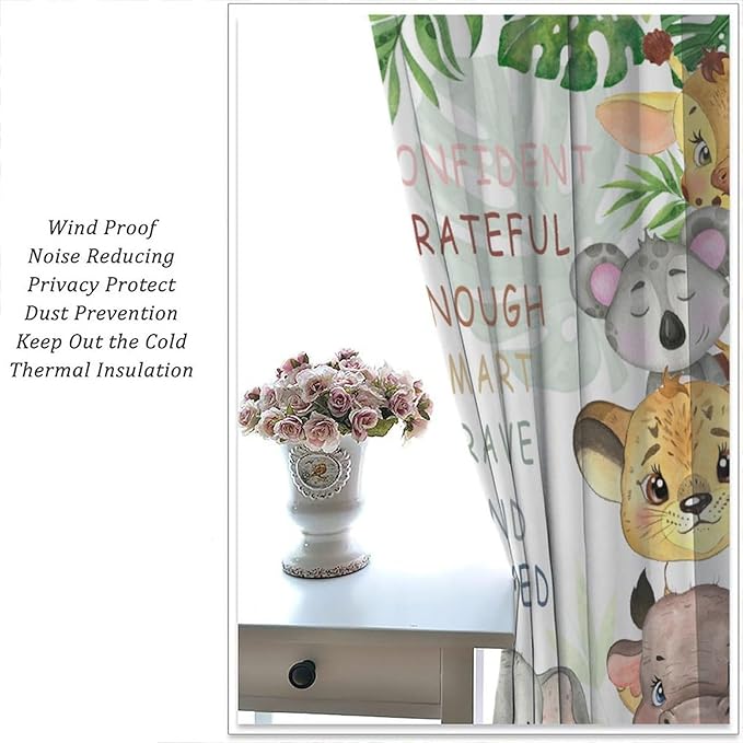 Cartoon Safari Animal Curtains Cute Watercolor Wildlife Jungle Window Treatments for Kids Boys Girls Bedroom Living Room Inspirational Motivational Quotes Nursery Children Drapes W42xL45