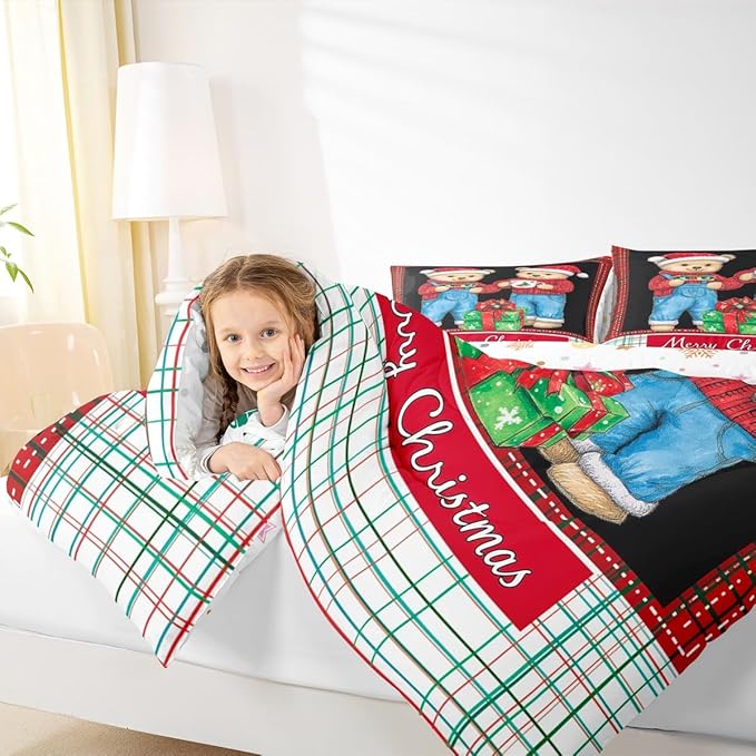 Feelyou Merry Christmas Bedding Set Soft for Boys Girls, Cute Bear Comforter Set King Size Duvet Quilt Microfiber Winter Bedroom Decor 3 Pcs with 2 Pillow Cases