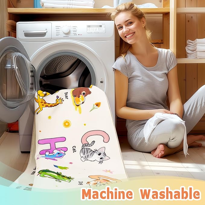 Kids Rugs for Playroom, 4x5 Feet Educational Rug for Learn The ABC Alphabet, Soft Machine Washable Non-Slip Cute Cartoon Animals Carpet for Classroom Toddler Nursery Kids Room Decor, Beige