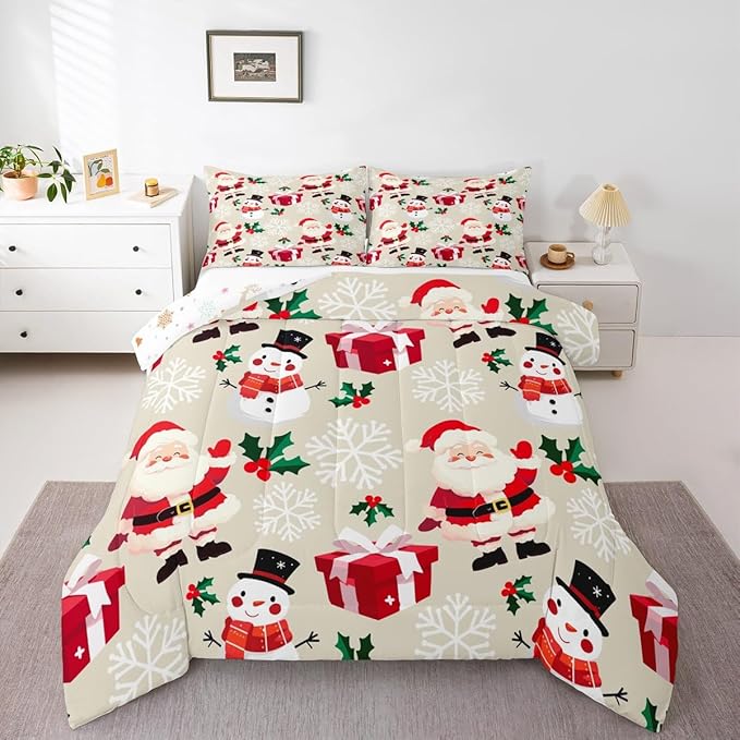 jejeloiu Merry Christmas Comforter Set King Size Xmas Santa Claus Bedding Set for Kids Boys Girls Cute Snowman Duvet Quilt Beige Bedroom Decor