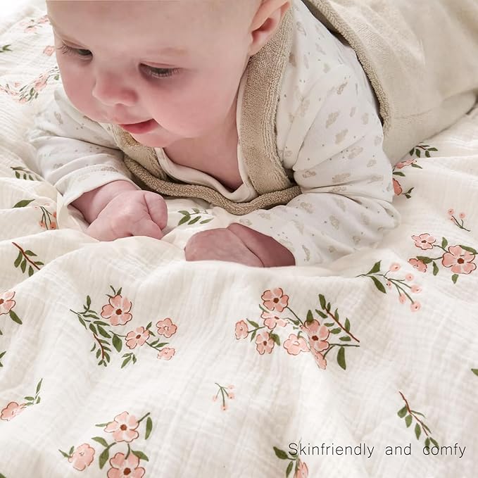 BOPRIO Muslin Baby Blankets for Girls Super Soft Nursery Minky Blankets with Breathable Muslin Cotton Front and 3D Touch Dotted Fleece Backing, Pink Floral Printed Bed Throws Newborn 30 x 40 Inch
