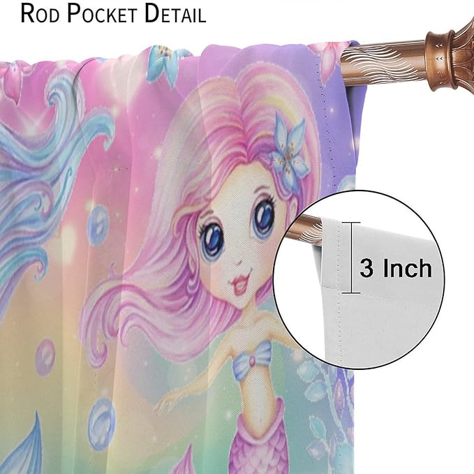 Cartoon Mermaid Kids Curtain Fantasy Ocean Theme Coral Flower Floral Window Treatment for Kids Girls Bedroom Nursery Room Decor Rod Pocket Blackout Window Drapes 84x84in