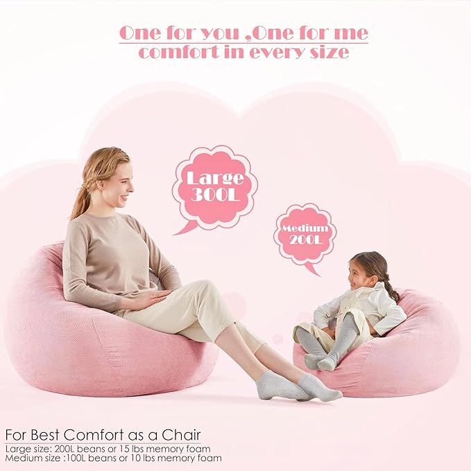 Nobildonna 3 ft Bean Bag Chair Cover (No Filler) 35"×43" Large Stuffed Animal Storage Bean Bag Washable Big Beanbag Chair Cover Premium Corduroy Stuffable Bean Bag Cover for Adults,Kids,Pink 300L