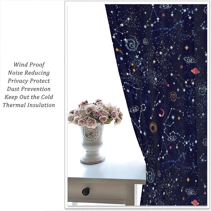 Kids Galaxy Curtains, Fantasy Stars Outer Space Universe Planets Print Window Treatments for Boys Girls Bedroom Nursery Playroom 63" W X 72" L
