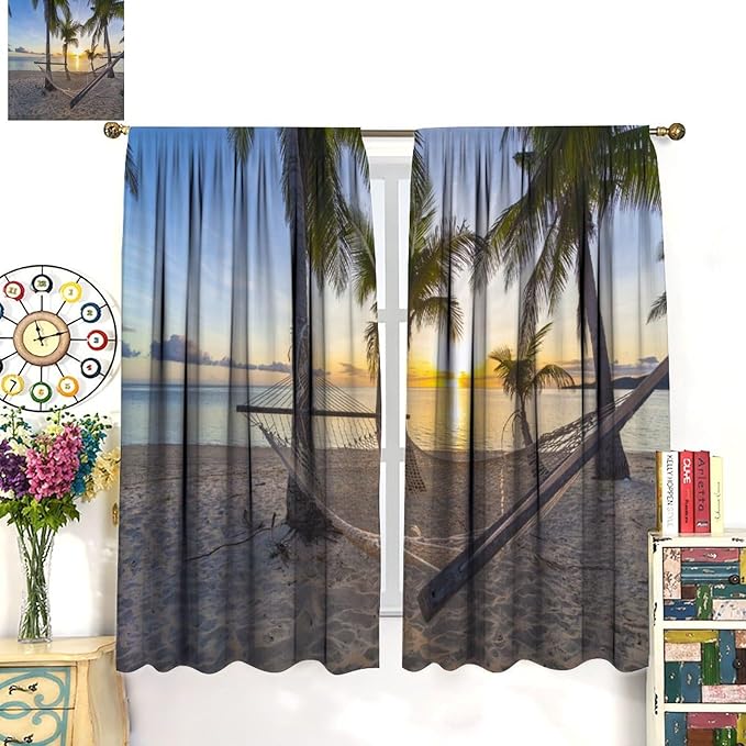 Ocean Beach Curtains,Morning Sunrise Hawaiian Seaside Scene Pattern Blackout Print Home Bedroom Living Room Window Treatments 2 Panel Set 55x63 Inch